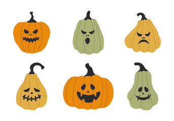 Jack-O-Lantern. Halloween pumpkins with faces vector set. Creepy, smiling, funny, scary carved pumpkin heads. 
