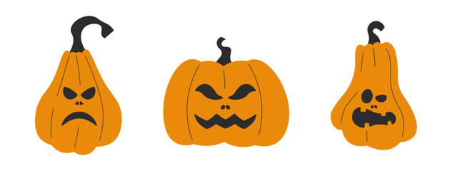 Horrific pumpkins for the Halloween holiday. Jack O'Lantern with evil face and eyes isolated against a transparent background.