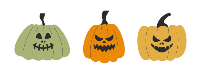 Carved Jack-o-lanterns vector set. Pumpkin with funny and scary faces Halloween symbol.