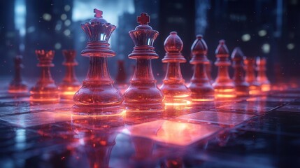 symbolic business strategy visualization chess pieces on glowing path futuristic cityscape background representing innovation and success