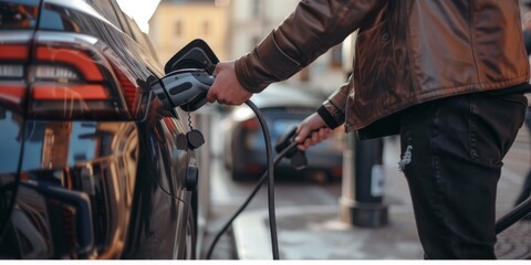 In a bustling city setting, a man is environmentally charging an electric vehicle, promoting sustainability and green technology, in line with urban living standards and values for a cleaner future
