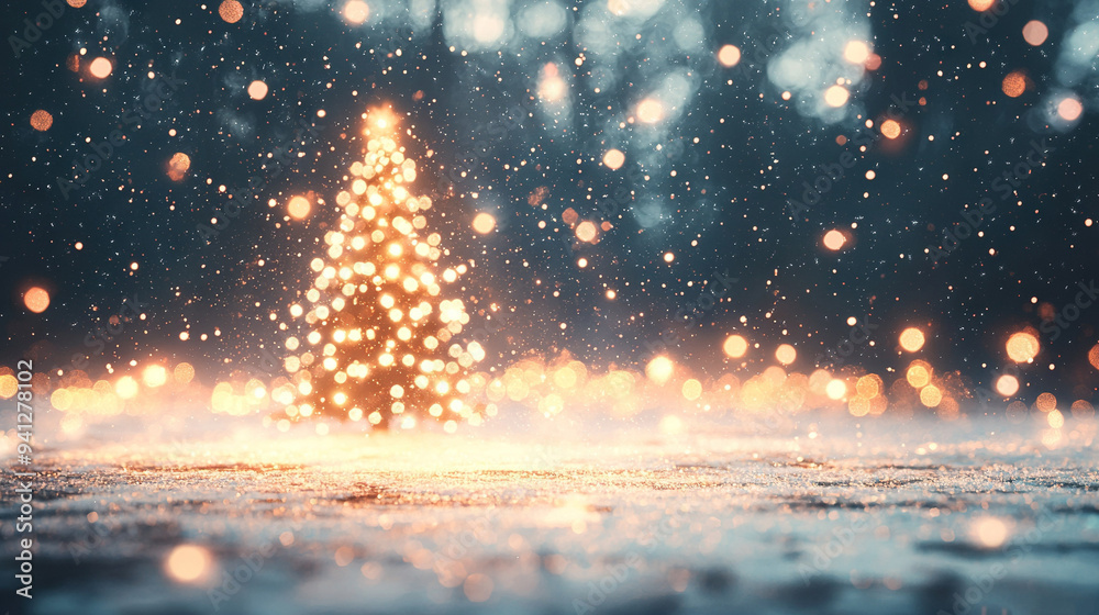 Sticker a beautifully lit christmas tree stands atop a snow-covered ground surrounded by falling snowflakes