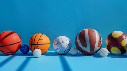 Playful Arrangement of Assorted Sports Balls on Blue