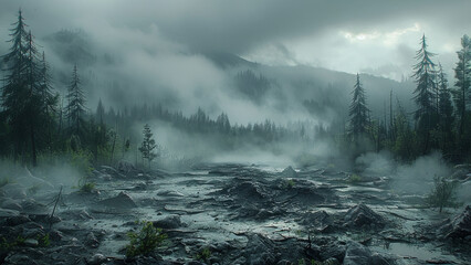 Ancient Chinese battlefield shrouded in mist with towering mountains in the background.