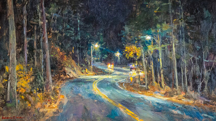 Obraz premium Oil painting of a busy urban road at night with vibrant lights and abstract strokes.