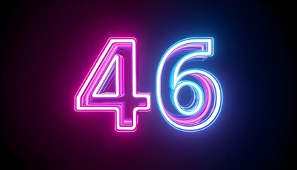 3d neon light number 46 glowing in the dark, pink blue neon light	
