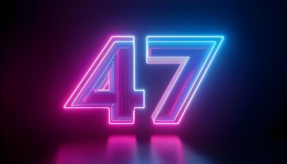 3d neon light number 47 glowing in the dark, pink blue neon light	