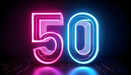 3d neon light number 50 glowing in the dark, pink blue neon light	