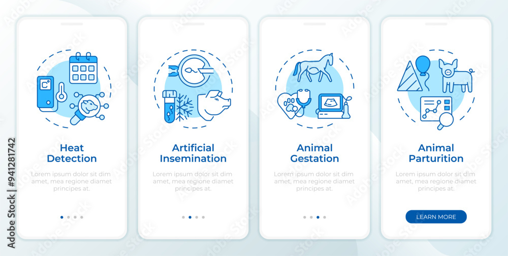 Wall mural animal reproduction types blue onboarding mobile app screen. walkthrough 4 steps editable graphic in