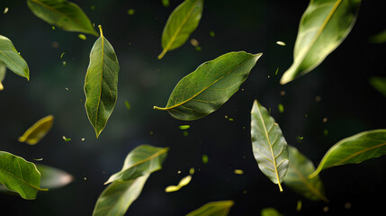 A useful and fragrant spice used in cooking. A bunch of green bay leaves is floating in the air. The leaves are scattered all over the black background, creating a sense of movement and energy