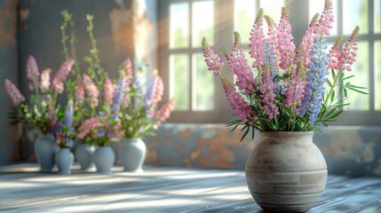 A decorative vase filled with pink and blue lupine flowers brightens a cozy indoor space, illuminated by soft sunlight.