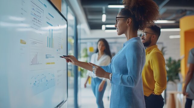6. A group of office workers collaborating on a digital whiteboard in a bright, open workspace