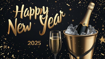 A card or banner wishing a happy new year 2025 in gold, with the 0 replaced by a clock and two flutes of champagne on a gradient background of black and brown