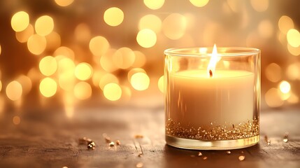 A bright white candle in a glass jar, lit flame, soft focus bokeh background, warm golden lights, close-up, high-key lighting, minimalist, serene atmosphere, textured surface.