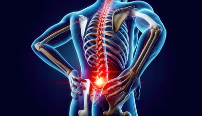 3D illustration of human lumbar spine with highlighted lower back pain
