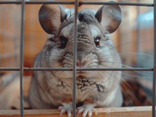 Obraz premium A fluffy gray chinchilla sits inside a cage, looking out with curious eyes.