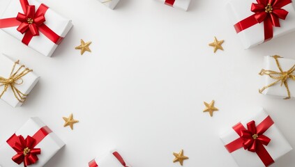 An image of gift boxes on a white background, an image of confetti, a ribbon, white boxes. Great gift for holidays, birthdays, or the New Year. Background template with space for copy.