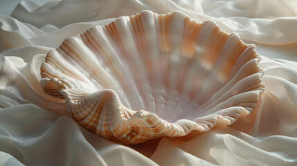 Seashell on a White Fabric Background - A Close Up View