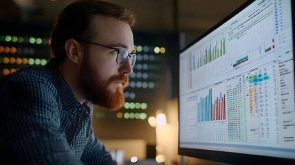 19. A focused office worker reviewing complex spreadsheets on a high-resolution monitor