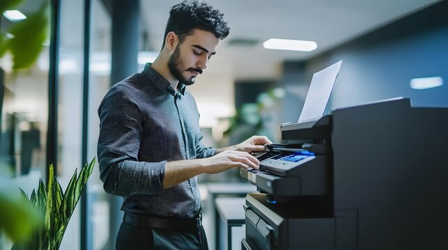 20. An office worker adjusting settings on a high-tech printer in a sleek office environment