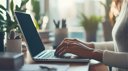 23. A professional office worker typing on a laptop at a desk with inspirational quotes and personal touches