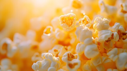 Bright and crisp close-up of freshly popped popcorn, high-key lighting, macro photography, golden hues, textured details, shallow depth of field, buttery kernels.