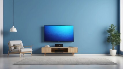 Modern Living Room with Flat Screen Television and Light Blue Wall