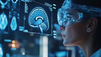 A doctor wearing a digital holographic interface uses advanced technology to analyze the brain scan of a patient. This innovative approach represents the future of medicine and science. 