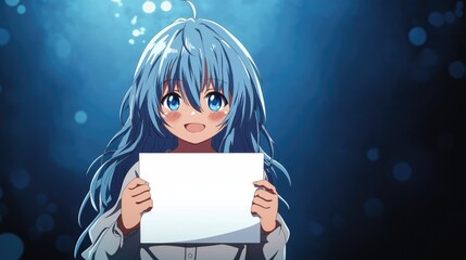 Young teenage anime girl cartoon comics charachter holding white sheet of paper for advertising campaign or drawing lessons