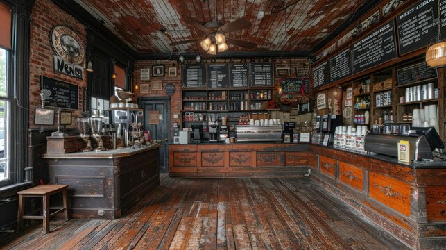 A vintage coffee shop with retro decor and old-fashioned menu boards - Powered by Adobe