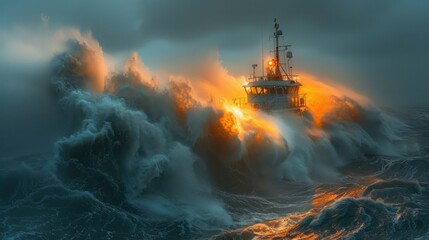Fototapeta premium A stormy sea with a ship battling the waves, captured with dramatic motion and lighting