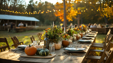 Outdoor Thanksgiving celebration with a rustic farm-to-table setup, a long wooden table outdoors on a farm.