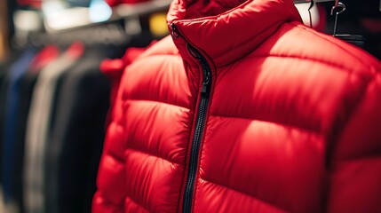 Red puffer jacket hanging on a rack in a clothing store.