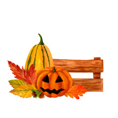 Halloween composition of orange and green pumpkins with jack-o'-lanterns and autumn leaves. Festive fall mood for decoration, printing on postcards, stickers, invitations, textiles and paper