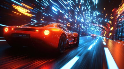 Obraz premium High-speed car chase through neon-lit streets, dynamic camera angles, 3D animation