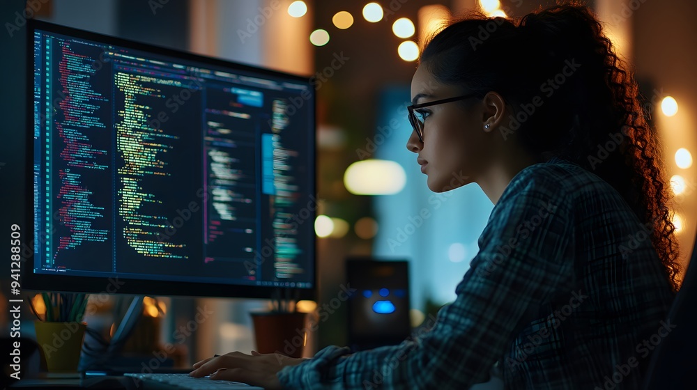 Wall mural 35. an office worker focused on detailed coding work on a computer screen, surrounded by tech gadget