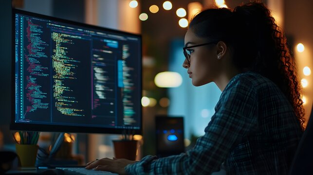 35. An office worker focused on detailed coding work on a computer screen, surrounded by tech gadgets