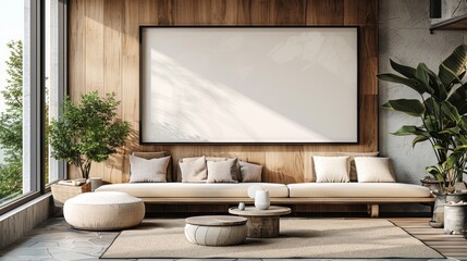 Blank empty dark wooden picture frame mockup in contemporary house, template