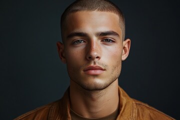 Obraz premium attractive male with buzz cut, portrait of caucasian serious man on black background