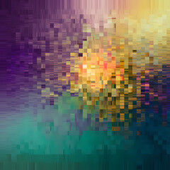 Abstract purple, green, and yellow mosaic pixel pattern