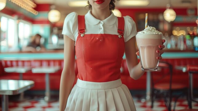 A retro diner waitress serving milkshakes in a classic setting - Powered by Adobe