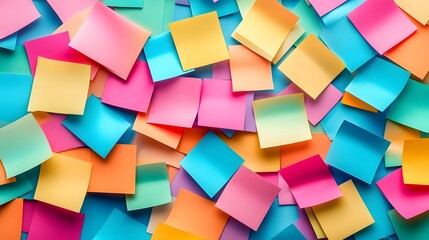 Colorful array of sticky notes, vibrant pastel hues, organized chaos, flat lay photography, office supplies, creative brainstorming concept, multi-colored paper squares.