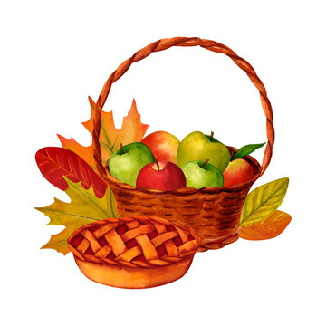 watercolor apples basket pie autumn harvest clip art preview