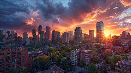 Fototapeta premium Urban skyline at sunset, with dramatic lighting casting long shadows and highlighting building contours