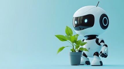 Cute robot holding small plant, pale blue background, futuristic eco-friendly concept, white android figurine, green leaves in pot, soft lighting, AI and nature harmony.