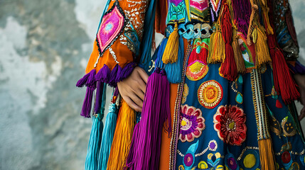 Fototapeta premium Closeup of colorful embroidered tassels and fabric on a traditional costume.