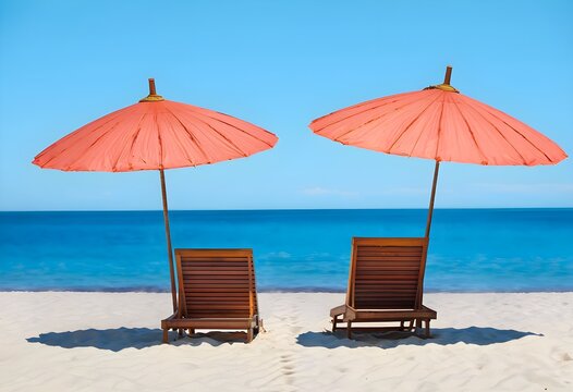 Two Parasol Umbrellas Casting Shadows Over Wooden Lounge Chairs on an Empty Sunny Sand Beach Near Blue Ocean Water on a Summer Day