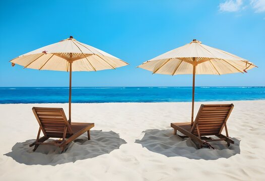 Two parasol umbrellas casting the shadow over the two wooden lounge chairs, on an empty sunny sand beach near the blue ocean or sea water Ideal for Sun Protection on Holiday. 