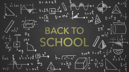 Back to school, college, education concept. Formula, Equations on the Green Board, Math, Physics, Scientific Calculation, Geometric Shapes. black board background