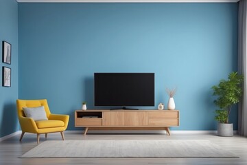 Modern Living Room Interior with Blue Wall, TV, and Yellow Armchair